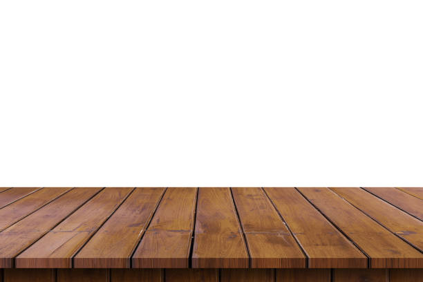 istock Empty wooden table top on isolated white, Template mock up for display of product. 1021597312