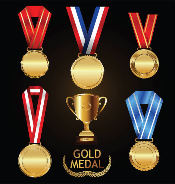 ilustrações de stock, clip art, desenhos animados e ícones de gold trophy and medal with laurel wreath vector collection - gold medal medal winning trophy