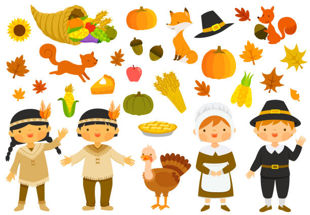 ilustrações, clipart, desenhos animados e ícones de conjunto de ilustrações de ação de graças - thanksgiving turkey animal pilgrim