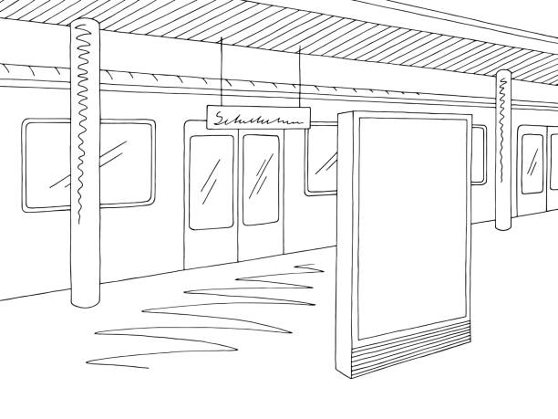 illustrations, cliparts, dessins animés et icônes de railway station plateforme train anglo-saxon croquis blanc noir graphique illustration vecteur - train railroad station platform railroad station vehicle door