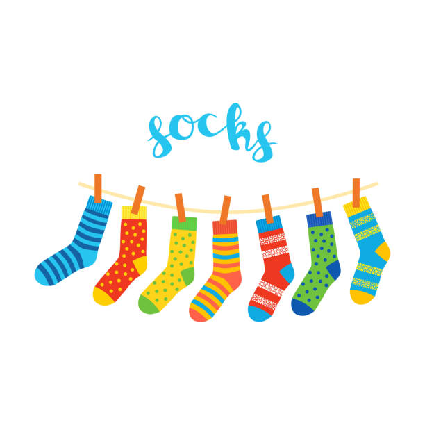 illustrazioni stock, clip art, cartoni animati e icone di tendenza di calzini colorati appesi a una corda - sock wool multi colored isolated