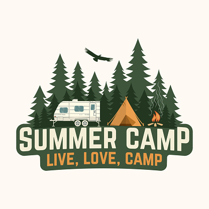 Summer camp. Vector illustration. Concept for shirt or logo, print, stamp or tee. Vintage typography design with rv trailer, camping tent and forest silhouette.