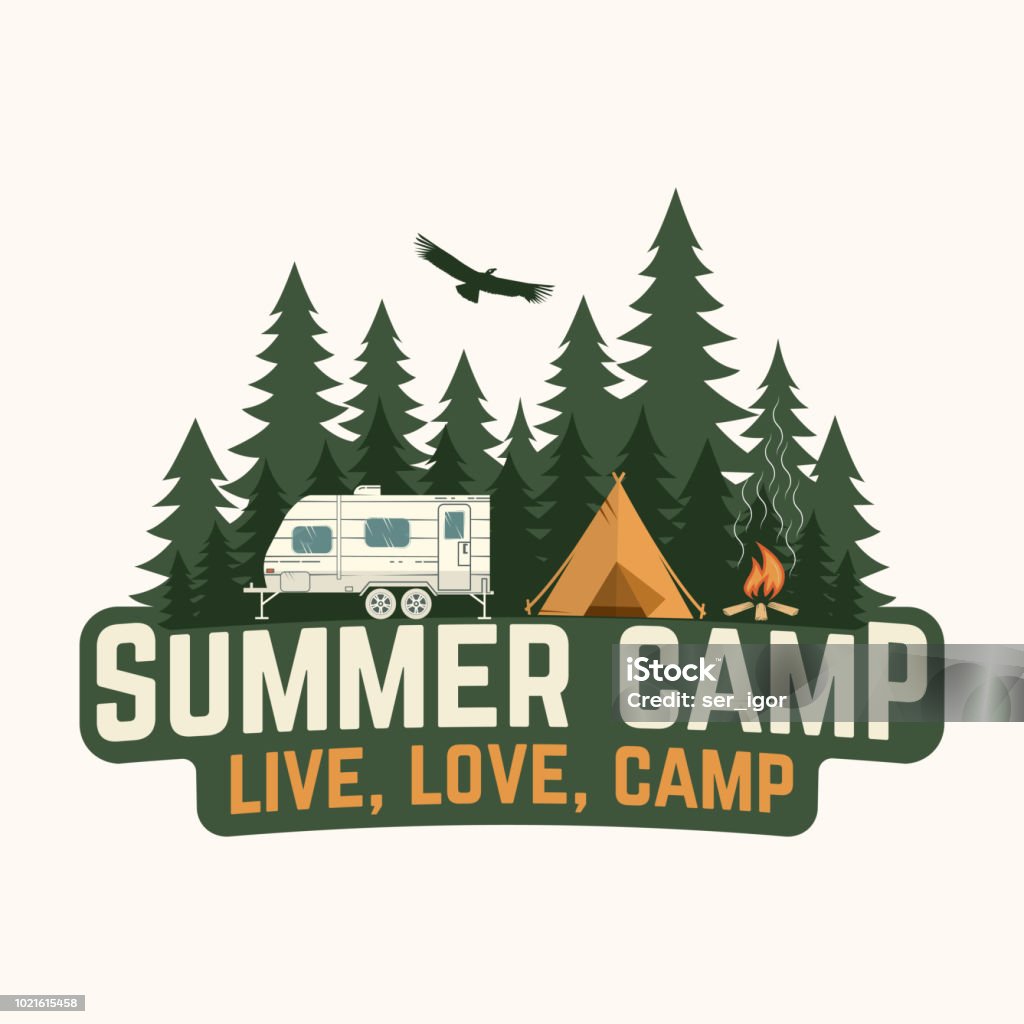 Summer camp. Vector illustration. Concept for shirt or logo, print, stamp or tee. Summer camp. Vector illustration. Concept for shirt or logo, print, stamp or tee. Vintage typography design with rv trailer, camping tent and forest silhouette. Camping stock vector