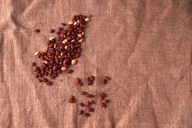 istock walnut peanut scattered on sackcloth background. Top view. Textured 1021620734