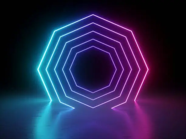 3d render, ultraviolet neon octagon, glowing lines, octagonal shape portal, virtual reality, abstract fashion background, violet neon lights blend, arch, pink blue spectrum vibrant colors, laser show