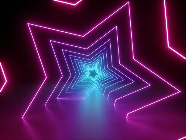 istock 3d render, ultraviolet neon star shape, glowing lines, portal, tunnel, virtual reality, abstract fashion background, violet neon lights, arch, pink blue spectrum vibrant colors, laser show 1021625902