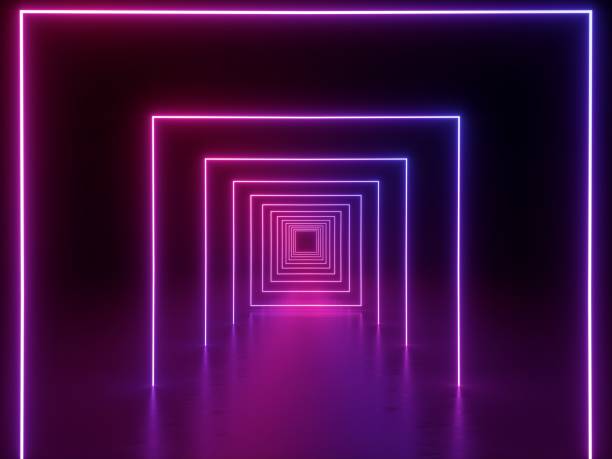 istock 3d render, ultraviolet neon square portal, glowing lines, tunnel, corridor, virtual reality, abstract fashion background, violet neon lights, arch, purple pink vibrant colors, laser show 1021625944