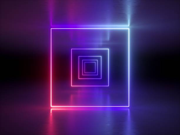 3d render, abstrakte mode hintergrund, leuchtende linien, violette neonlichter, uv neon quadrat portal, tunnel, korridor, virtuelle realität, bogen, rosa blau leuchtenden farben, lasershow - light violet stock-fotos und bilder