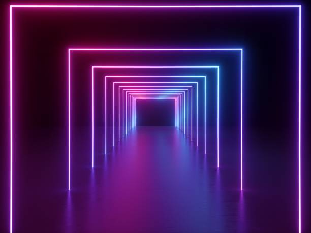 istock 3d render, ultraviolet neon square portal, glowing lines, tunnel, corridor, virtual reality, abstract fashion background, violet neon lights, arch, pink blue spectrum vibrant colors, laser show 1021626048