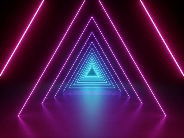 istock 3d render, ultraviolet neon triangular portal, glowing lines, tunnel, corridor, virtual reality, abstract fashion background, violet neon lights, arch, pink blue triangle, spectrum vibrant colors, laser show 1021626216