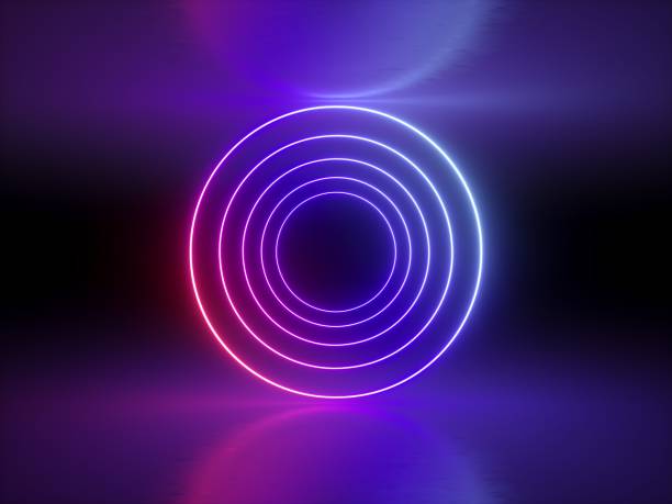 3d render, ultraviolet, neon lights, glowing rings, round lines, tunnel, abstract background, circles, red blue spectrum, virtual reality, vibrant colors, laser show