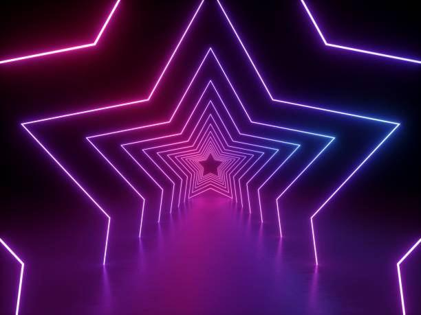 istock 3d render, ultraviolet neon star shape, glowing lines, portal, tunnel, virtual reality, abstract fashion background, violet neon lights, arch, pink blue spectrum vibrant colors, laser show 1021626314