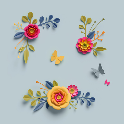 3d render, craft paper flowers, fall, autumn botanical arrangement, thanksgiving floral elements, bright candy colors, nature clip art isolated on pale blue background, decorative embellishment