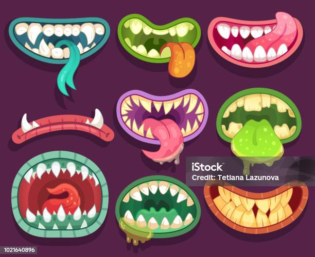 Monsters Mouths Halloween Scary Monster Teeth And Tongue In Mouth Funny Jaws And Crazy Maws Of Bizarre Creatures Cartoon Vector Set Stock Illustration - Download Image Now