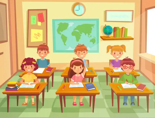 Vector illustration of Pupil kids at classroom. Primary school children pupils, smiling boys and girls study in schools class cartoon vector illustration