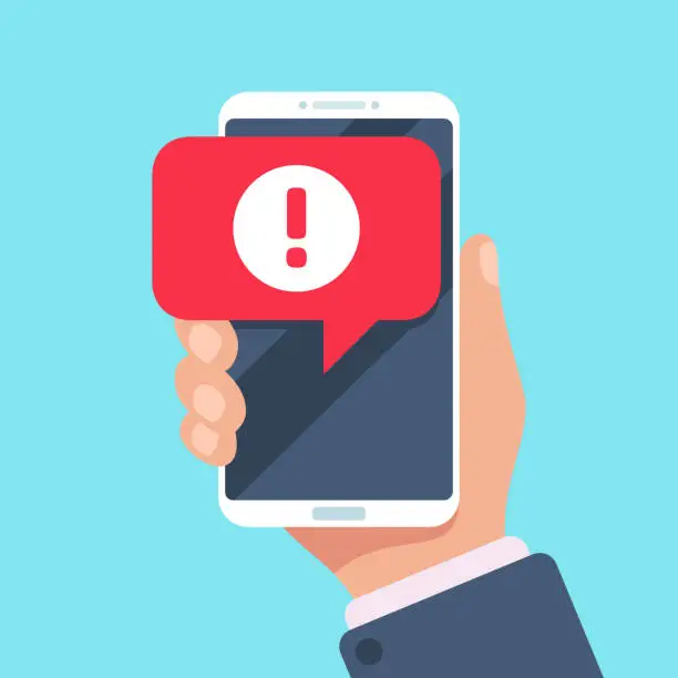 Vector illustration of Alert message mobile notification. Danger error alerts, virus problem or spam notifications on phone screen vector illustration