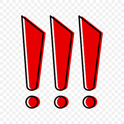 Three red exclamation marks in cartoon style. Vector illustration on a transparent background