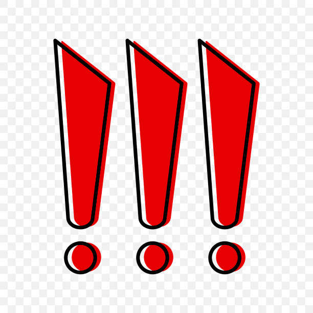 Three red exclamation marks in cartoon style. Vector illustration on a transparent background. Three red exclamation marks in cartoon style. Vector illustration on a transparent background exclamation point stock illustrations