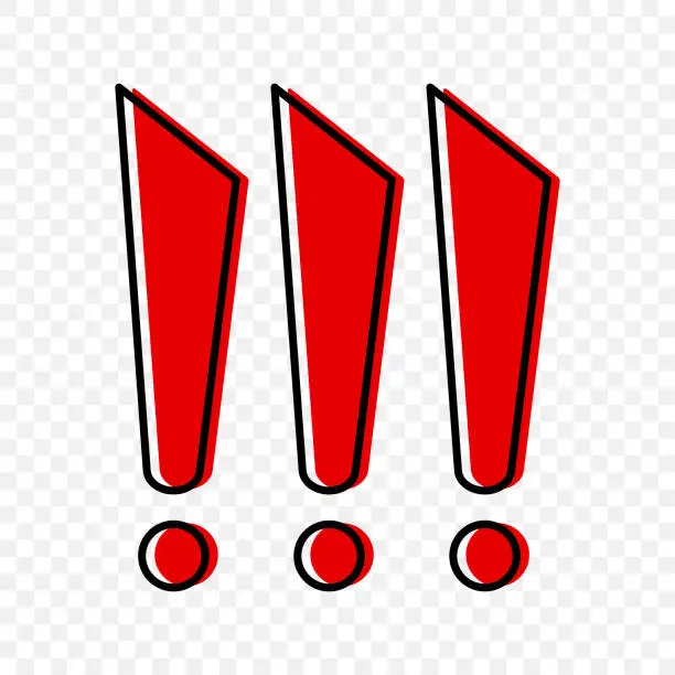 Vector illustration of Three red exclamation marks in cartoon style. Vector illustration on a transparent background.
