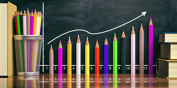 Increasing chart with colored pencils on blackboard background. 3d illustration