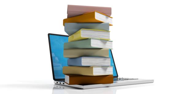 istock Books stacked on a laptop on white background. 3d illustration 1021644774