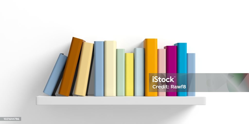 Colored books on a shelf on white background. 3d illustration Education concept. Books on a shelf on white background. 3d illustration Book Stock Photo