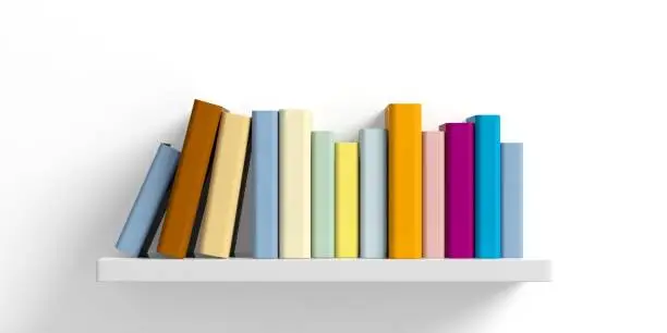 Photo of Colored books on a shelf on white background. 3d illustration