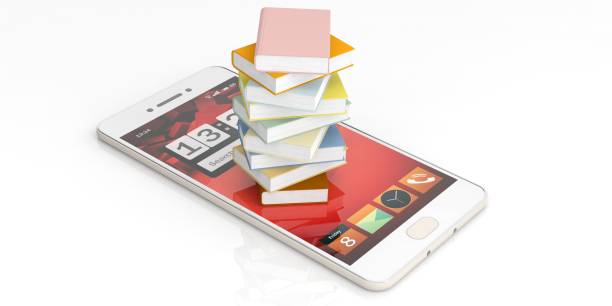 Books stacked on a smartphone on white background. 3d illustration
