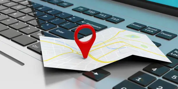 Travel and navigation concept - map pointer location on a laptop. 3d illustration
