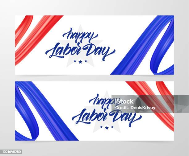Set Of Two Vector Greeting Banners With Handwritten Lettering Of Happy Labor Day Stock Illustration - Download Image Now