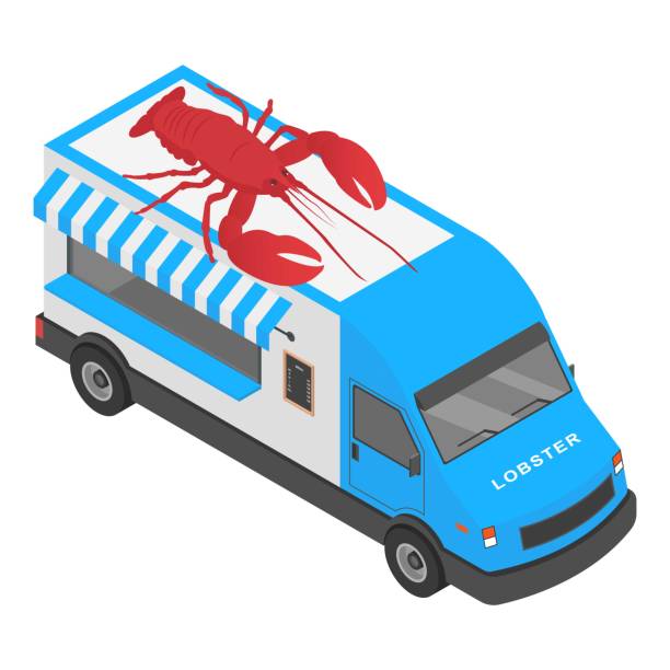 illustrazioni stock, clip art, cartoni animati e icone di tendenza di icona del camion del negozio di aragoste, stile isometrico - truck transportation fish industry