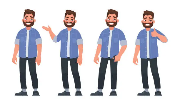 Vector illustration of Set of character a handsome bearded man in casual clothes in different poses