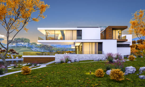 istock 3d rendering of modern cozy house by the river. Cool autumn evening with soft light. 1021664204
