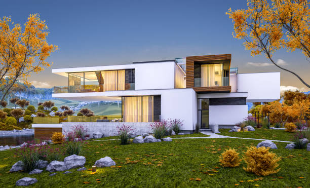 istock 3d rendering of modern cozy house by the river. Cool autumn evening with soft light. 1021664264