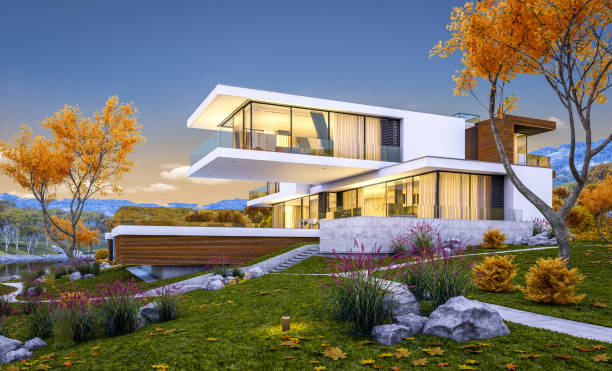 istock 3d rendering of modern cozy house by the river. Cool autumn evening with soft light. 1021664336