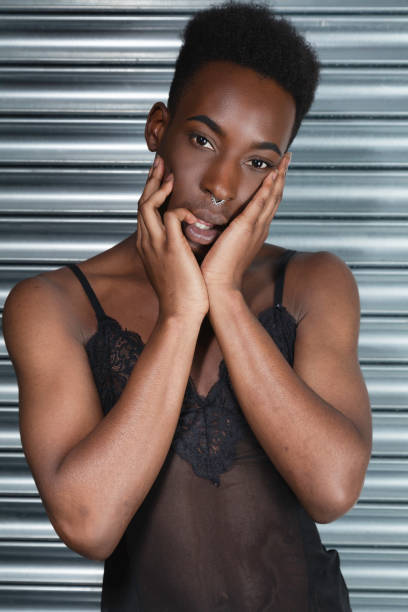 istock Cross dressing model wearing black lingerie 1021665366