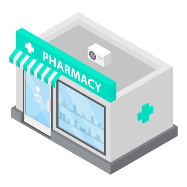 Pharmacy icon, isometric style Pharmacy icon. Isometric of pharmacy vector icon for web design isolated on white background pharmacy store stock illustrations