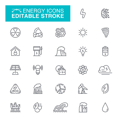 Power Line, Solar Power Station, Factory, Power Station, Editable Stroke Icon Set