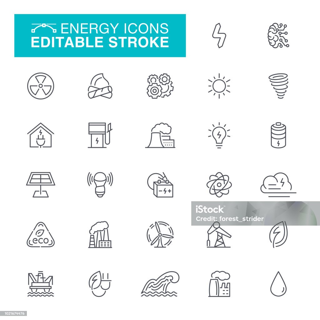 Energy Editable Line Icons Power Line, Solar Power Station, Factory, Power Station, Editable Stroke Icon Set Icon Symbol stock vector