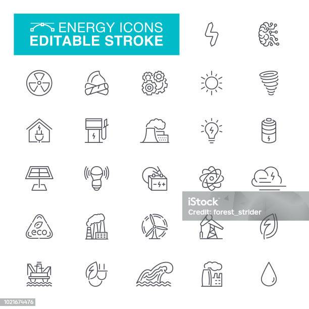 Energy Editable Line Icons Stock Illustration - Download Image Now - Icon Symbol, Fuel and Power Generation, Light Bulb