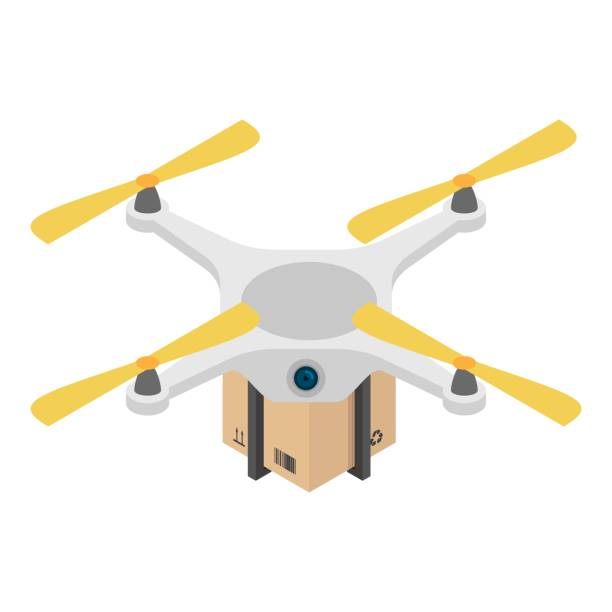 Drone box delivery icon, isometric style Drone box delivery icon. Isometric of drone box delivery vector icon for web design isolated on white background helicopter free drawing stock illustrations
