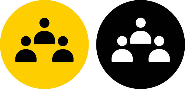 Three People Icon Three People Icon. The icon is black and is placed on a round yellow vector sticker. The background is white. There is an alternate black and white round button on the left side of the image. The composition is simple and elegant. The vector icon is the most prominent part if this illustration. The yellow and black contrast is a good representation for alert, warning and notice signs. The black and white version is also included in the download. two groups stock illustrations