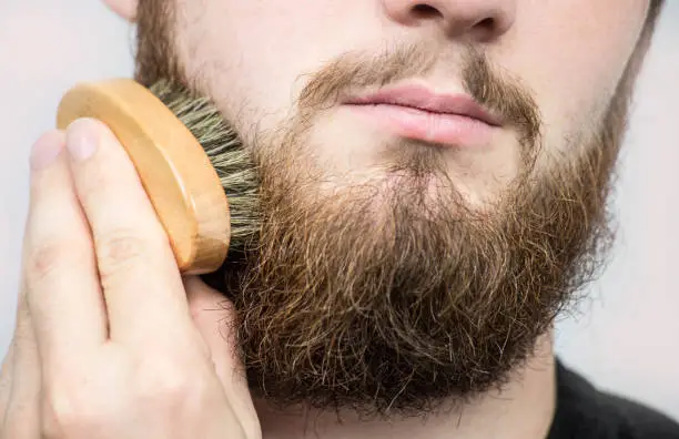 Hand of barber brushing beard. Barbershop customer,front view. Beard grooming tips for beginners. close-up