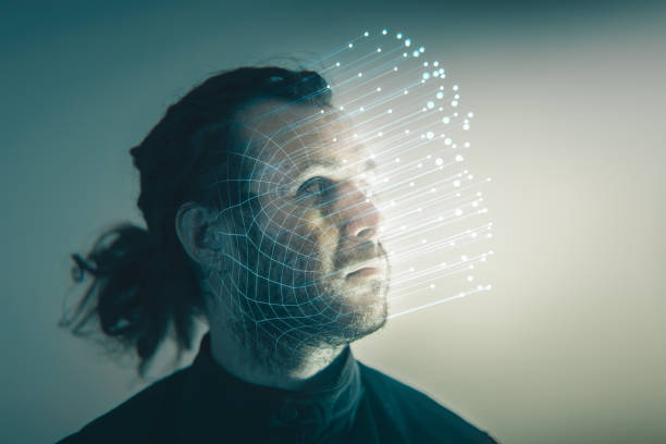 Facial Recognition Technology Male human face with 3d mesh and recognition marks. 3d scanning photos stock pictures, royalty-free photos & images