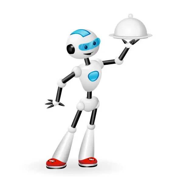 Vector illustration of Cute robot waiter with cloche isolated on white background