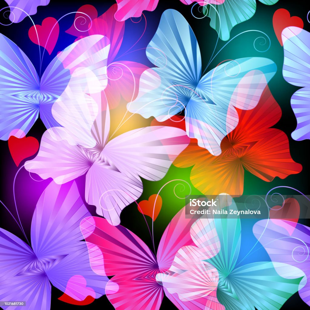 Colorful Glowing Radial Butterflies Vector Seamless Pattern Stock ...