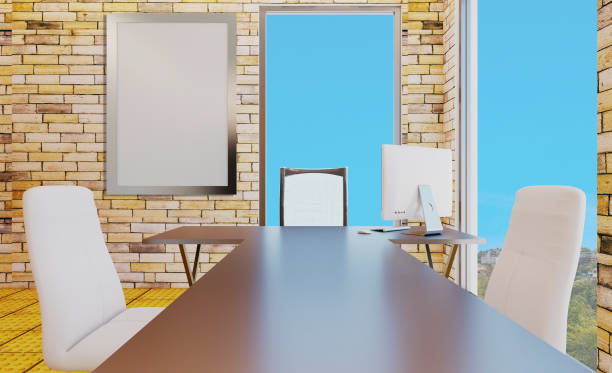 istock Furniture set with table, chairs and devices. 3D rendering. Mockup.   Empty paintings 1021684988