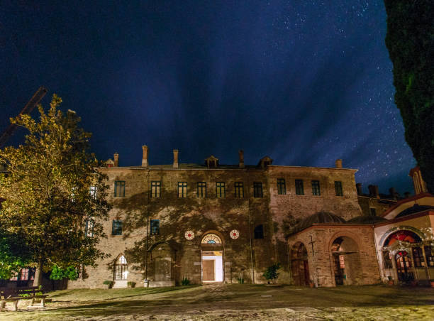istock Iviron medieval Monastery building details on Holy Mount Athos. The Athonite State is commonly referred to in Greek as the 