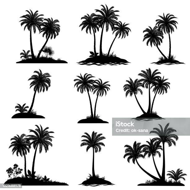 Inseln Mit Palmen Bäume Silhouette Stock Vektor Art und mehr Bilder von Palme - Palme, Kontur, Insel