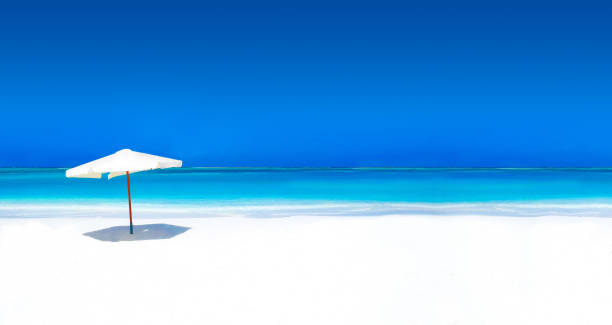 istock Parasol on white beach with turquoise ocean and cloudless sky 1021693872